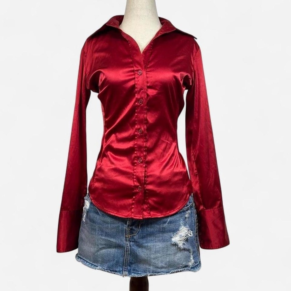 Vintage Y2K NYCO Red Satin Button Up Top Womens XS Office Siren Romantic Goth